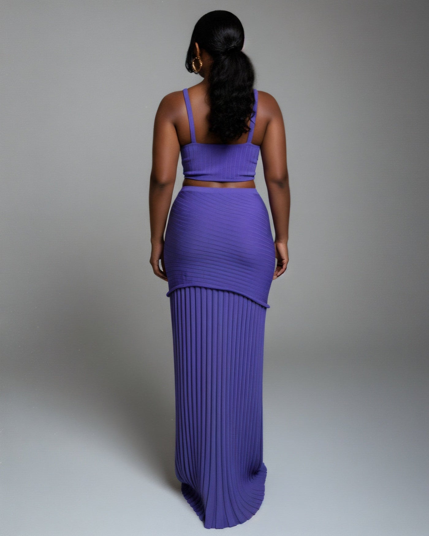 VESPERA Ribbed Knit Crop Top & Pleated Maxi Skirt Set