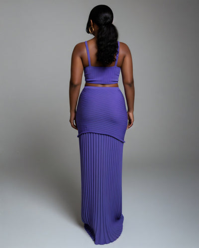 VESPERA Ribbed Knit Crop Top & Pleated Maxi Skirt Set
