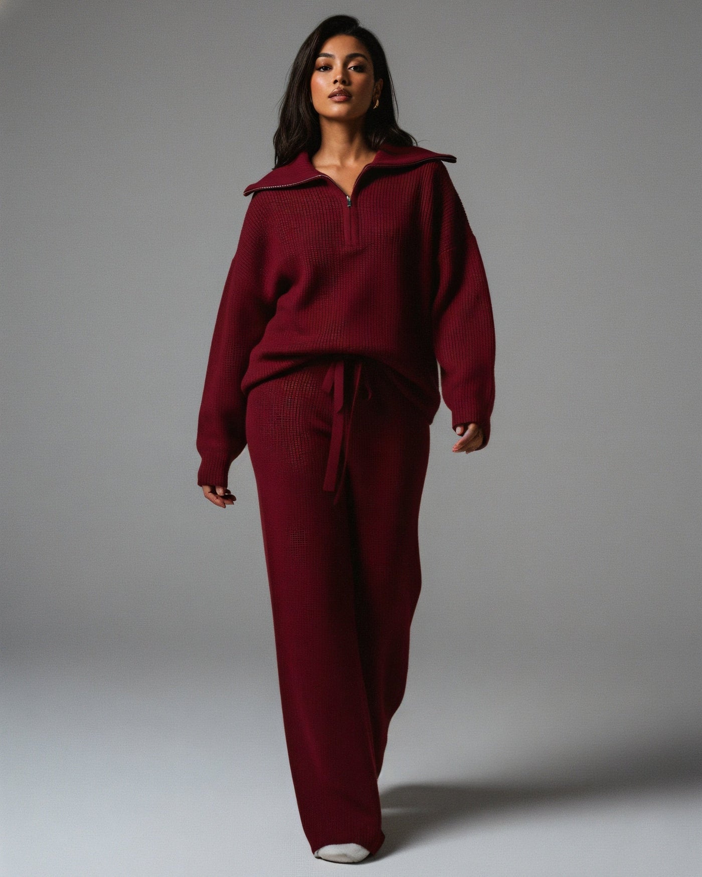 IRISA Ribbed Knit Zip Sweater & Straight Pants Set