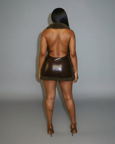 GIVELLE Faux Fur Trim Leather Mini Dress