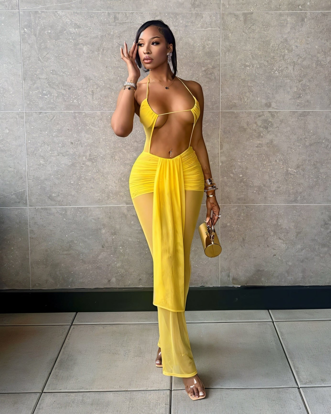 JEMMA Mesh Cutout Drape Jumpsuit