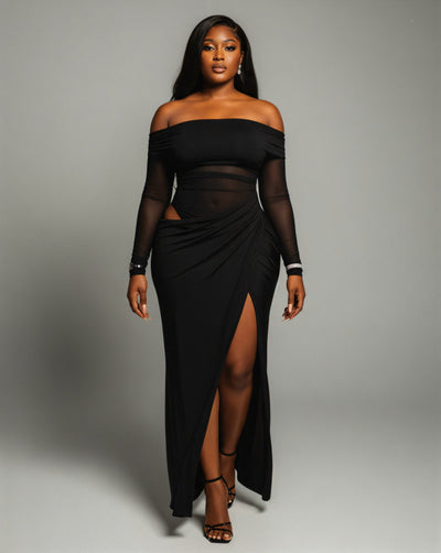 SHAINA Mesh Contrast Draped Maxi Dress