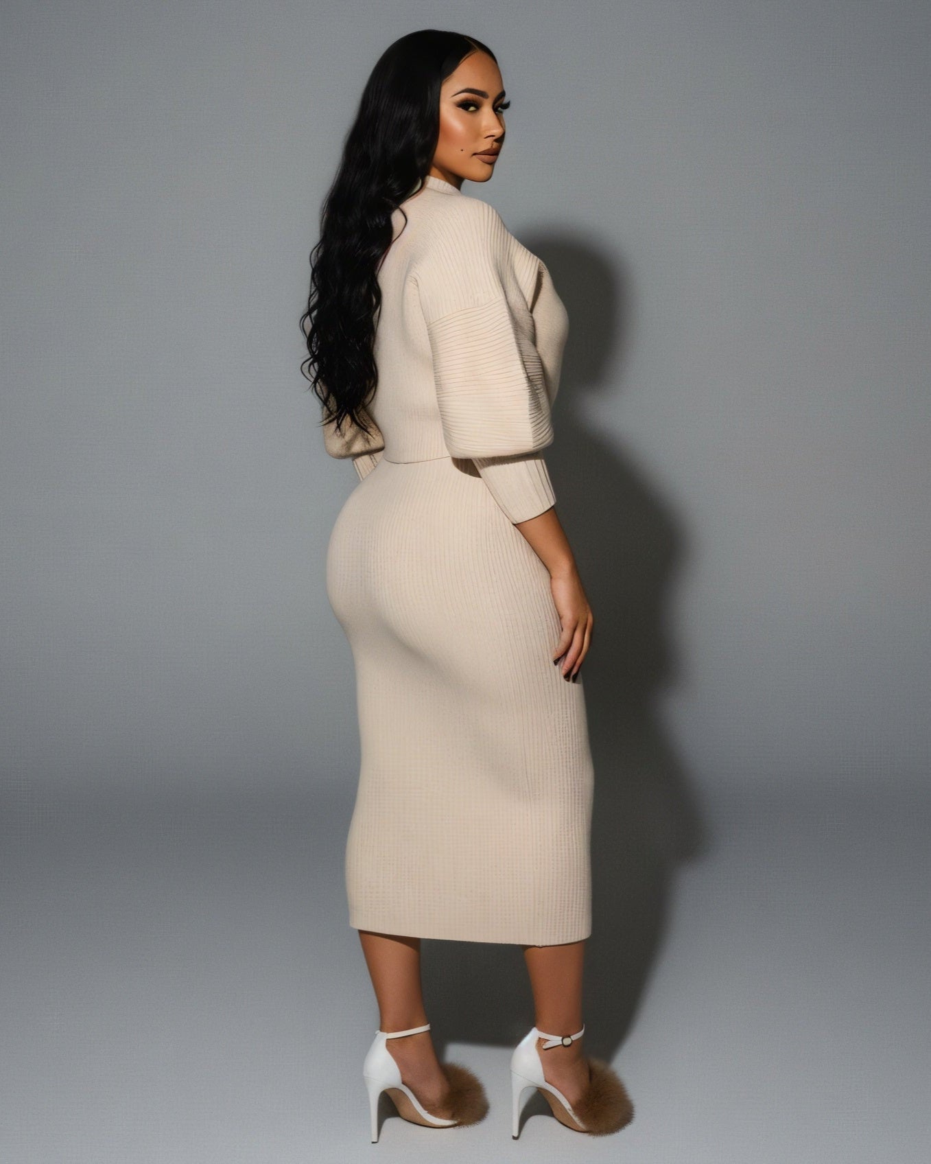 LEILA Knit Cropped Cardigan Top & Midi Skirt Set