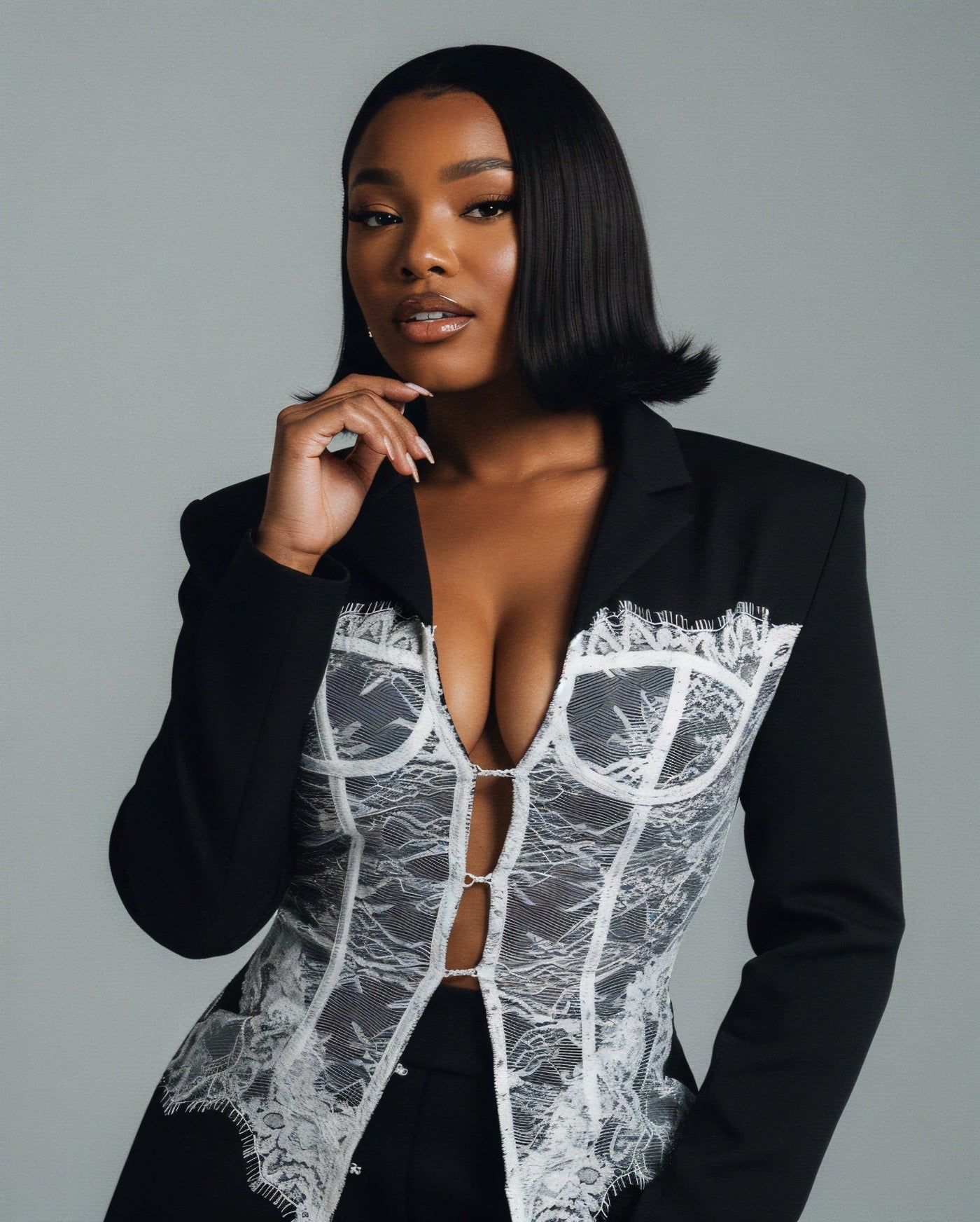 ENNA Cinched Lace Corset Blazer