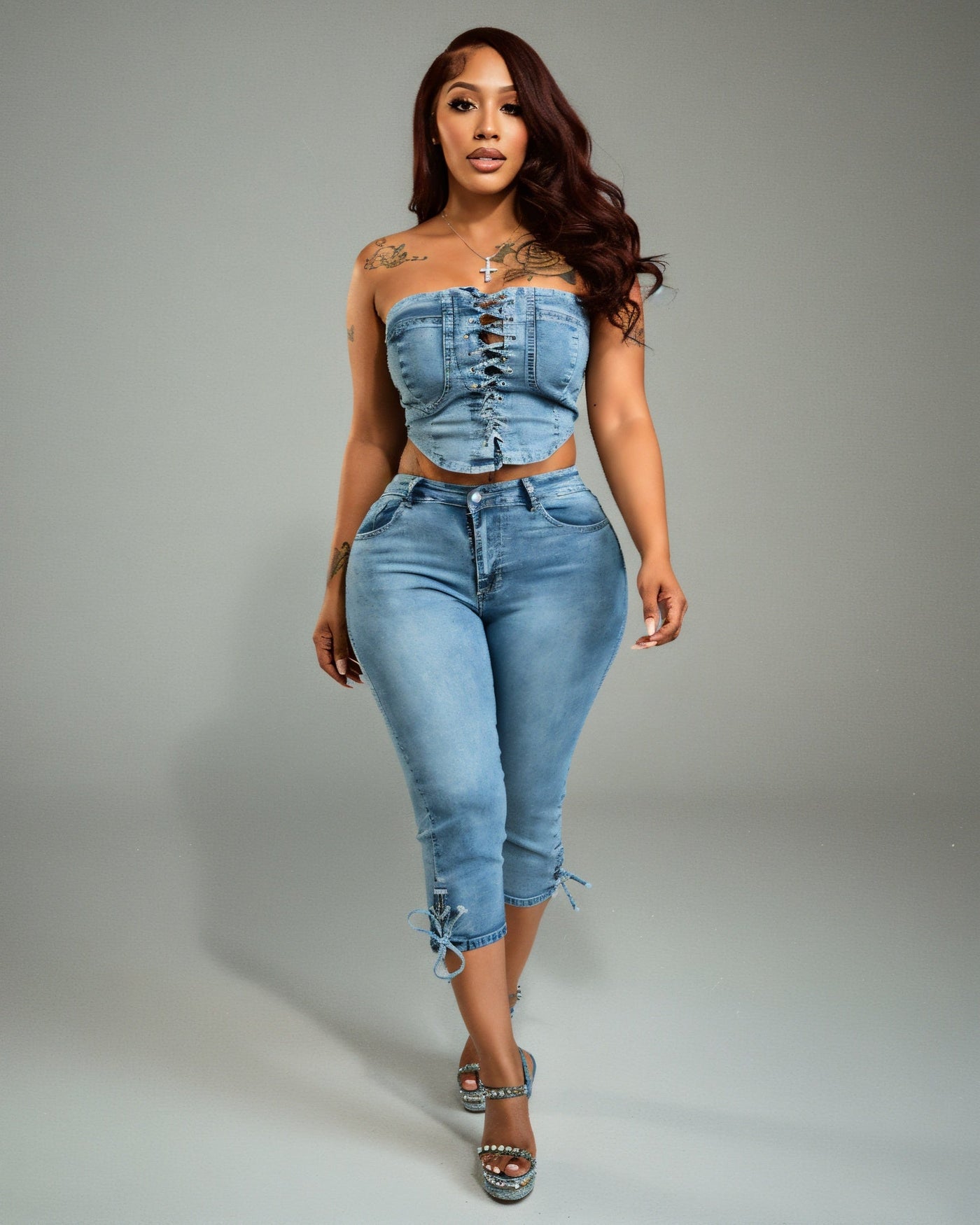 ISSA Laced Denim Corset Top & Capri Pants Set