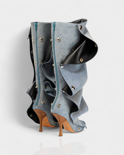 KIVARA Stiletto Heel Fold-Over Rivet Knee-High Boots