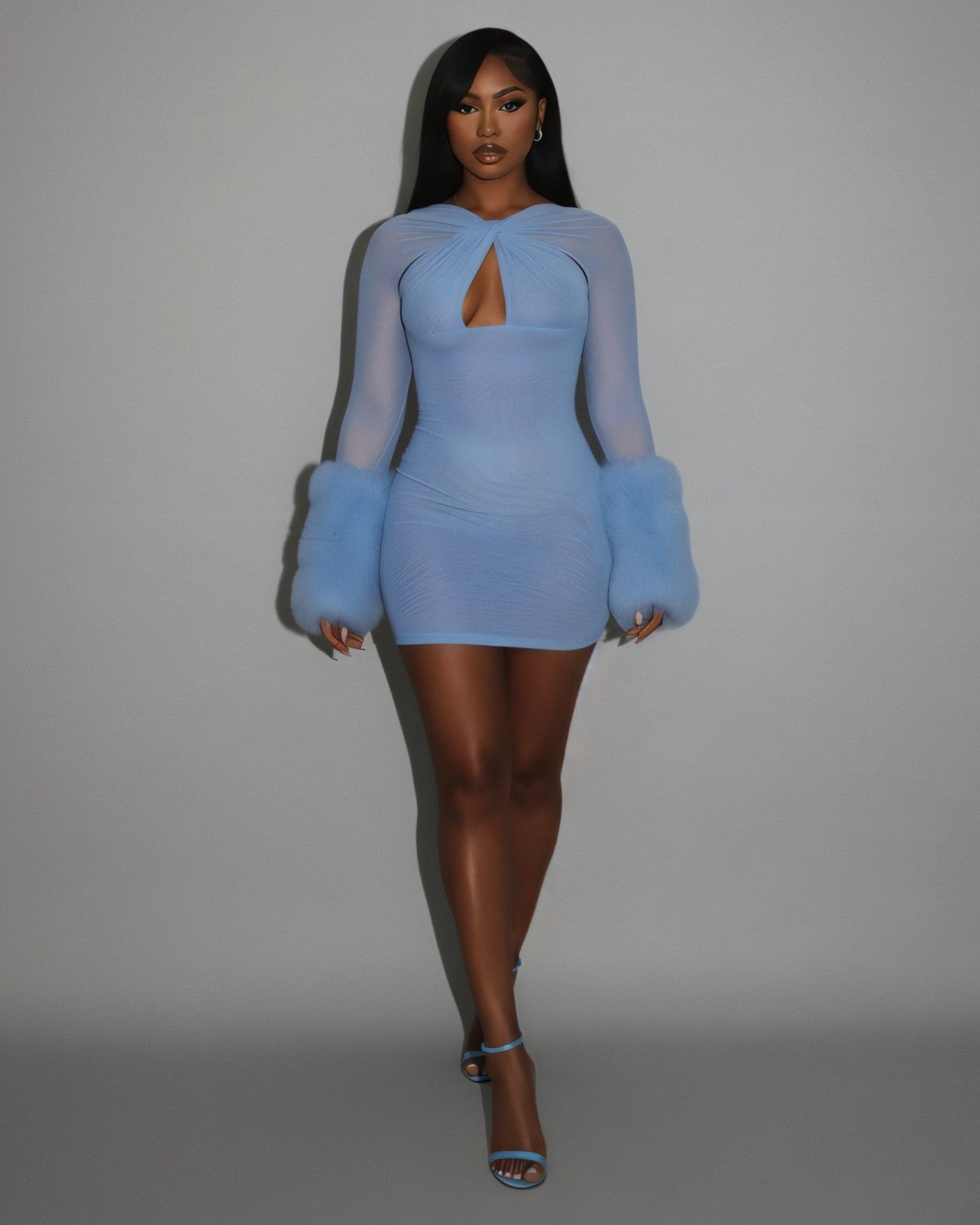 GALIENA Sheer Mesh Cutout Chiffon Cuffs Mini Dress