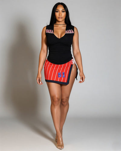 CERISSE Sporty Graphic Print Top & Side Lace-Up Skirt Set