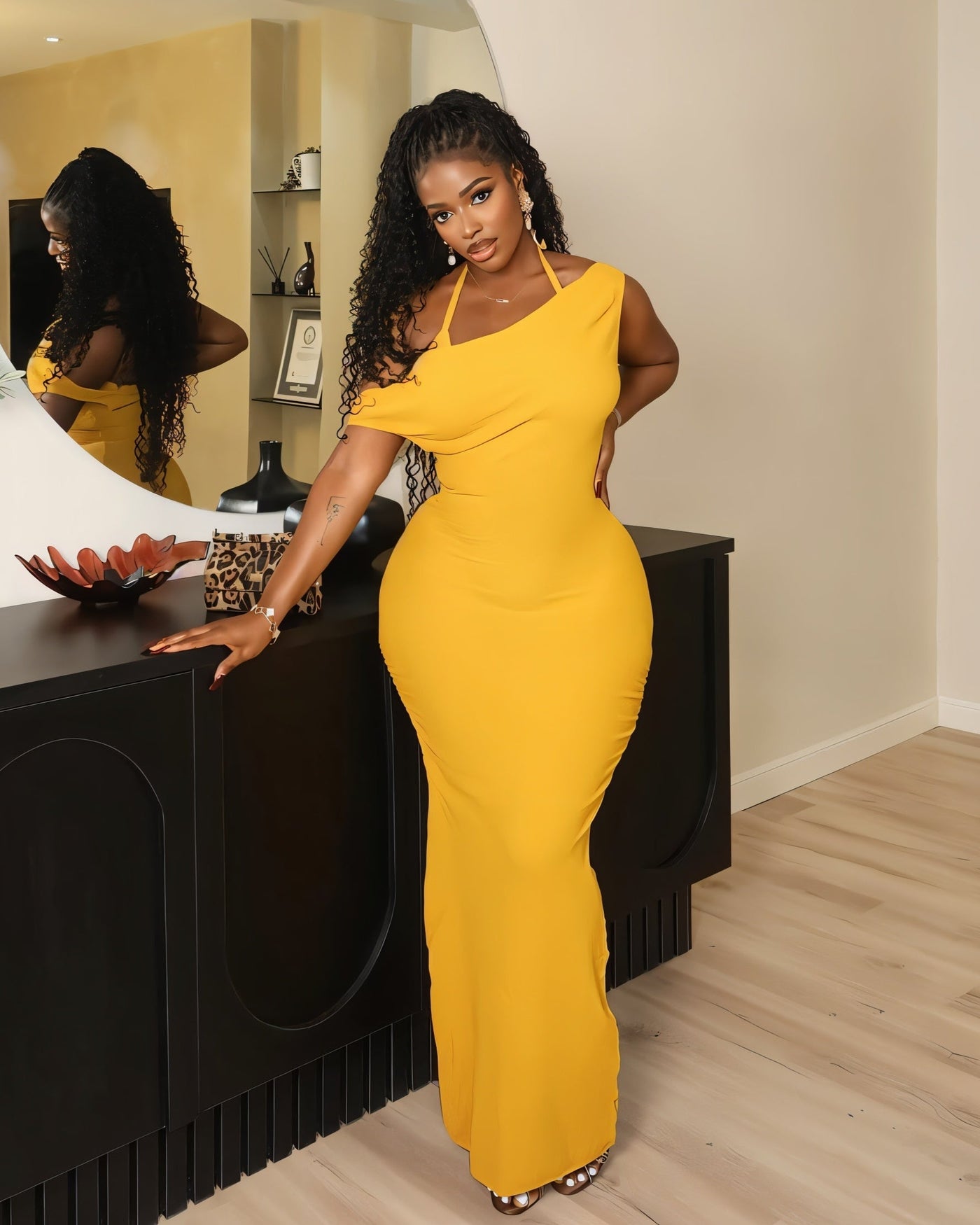 LIESSE One-Shoulder Halter-Back Maxi Dress