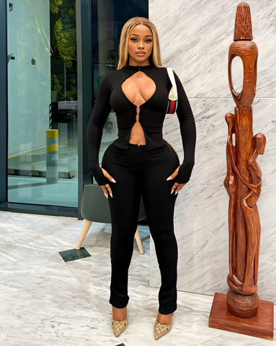 VIANNE Keyhole Cutout Top & Zip-Front Pant Set