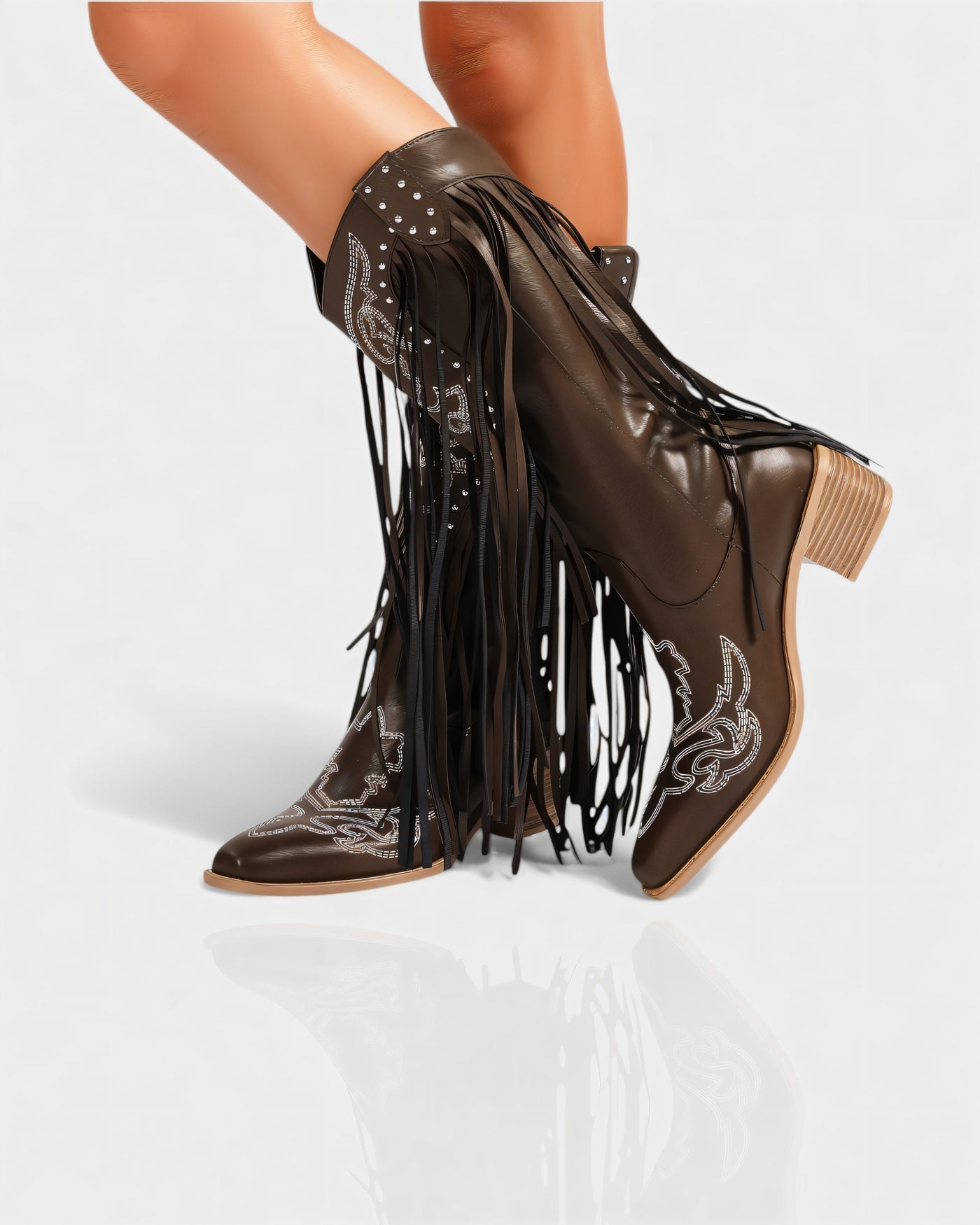 MITHENA Fringe Studded Cowboy Boots