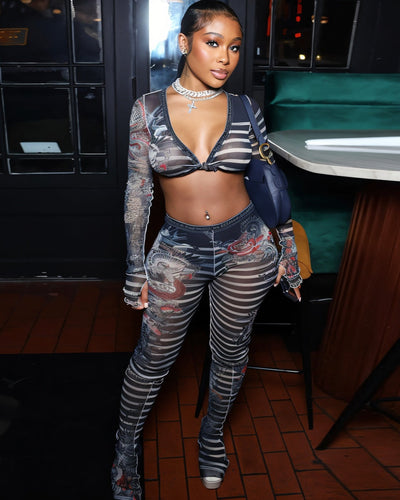 LAILA Mesh Striped Print Long Sleeve Top and Pants Set