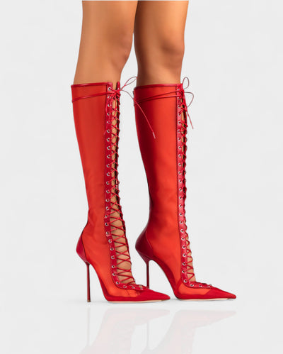 ESCAS Lace-Up Mesh Knee-High Stiletto Boots