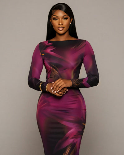 KAITHLYN Abstract-Print Long Sleeve Maxi Dress