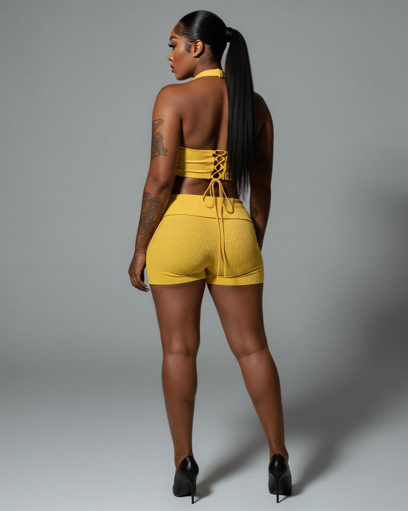 ZEIRA Ribbed Halter Crop Top & High-Waisted Shorts Set