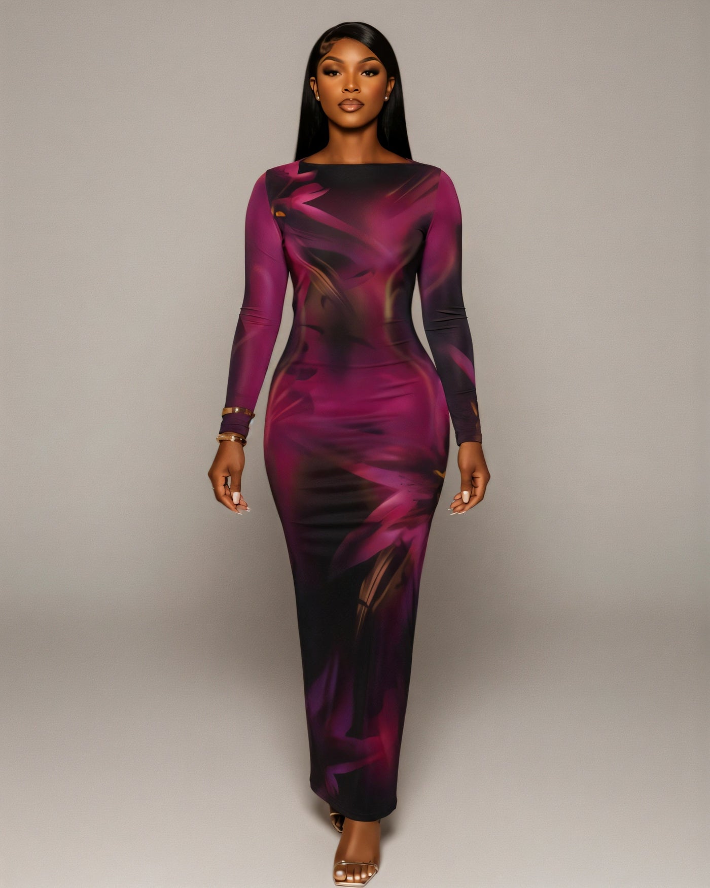 KAITHLYN Abstract-Print Long Sleeve Maxi Dress