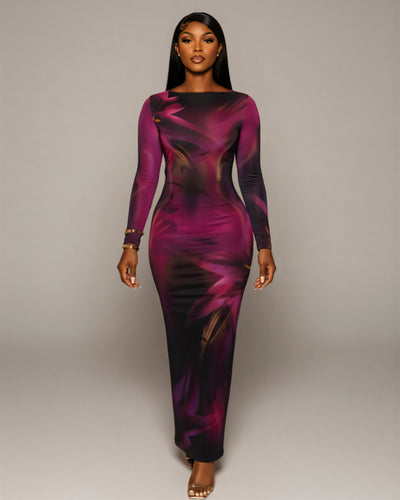 KAITHLYN Abstract-Print Long Sleeve Maxi Dress