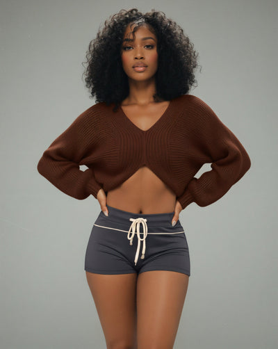 SUNNIVA Ribbed V-Cut Cropped Knit Sweater