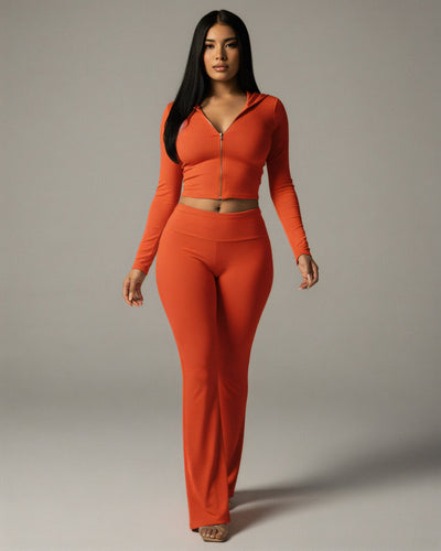 RAINY Zip-Up Hoodie and Flare Pants Set