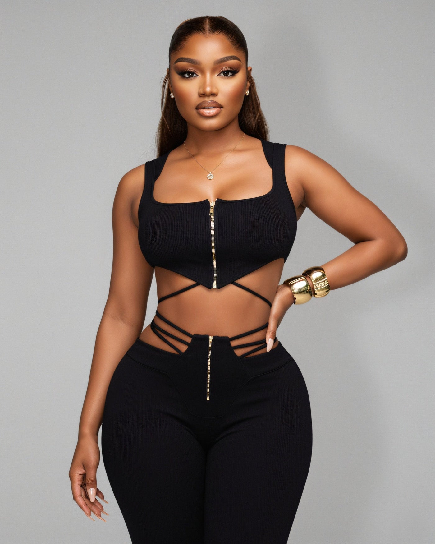 YUNA Ribbed Zip-up Top & Strappy Cutout Pants Set