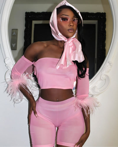 RAMIRA Faux Feather Trim Mesh Top & Shorts Set