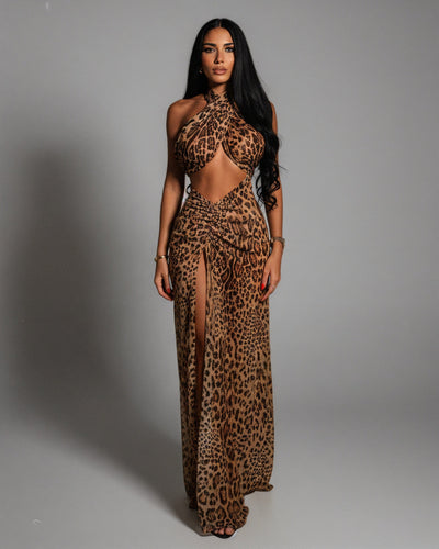 EMPRESS Leopard Print Halter Neck Slit Maxi Dress
