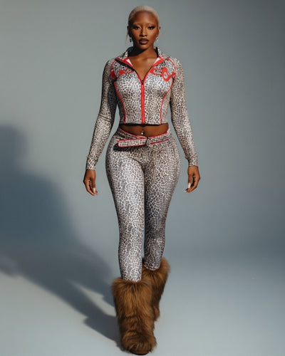 DELYSSA Leopard Cropped Jacket Top & Pants Set