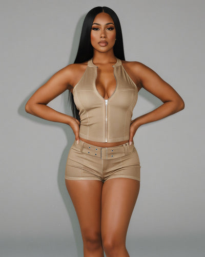 CLARISSA Denim Zip Up Top & Shorts Set