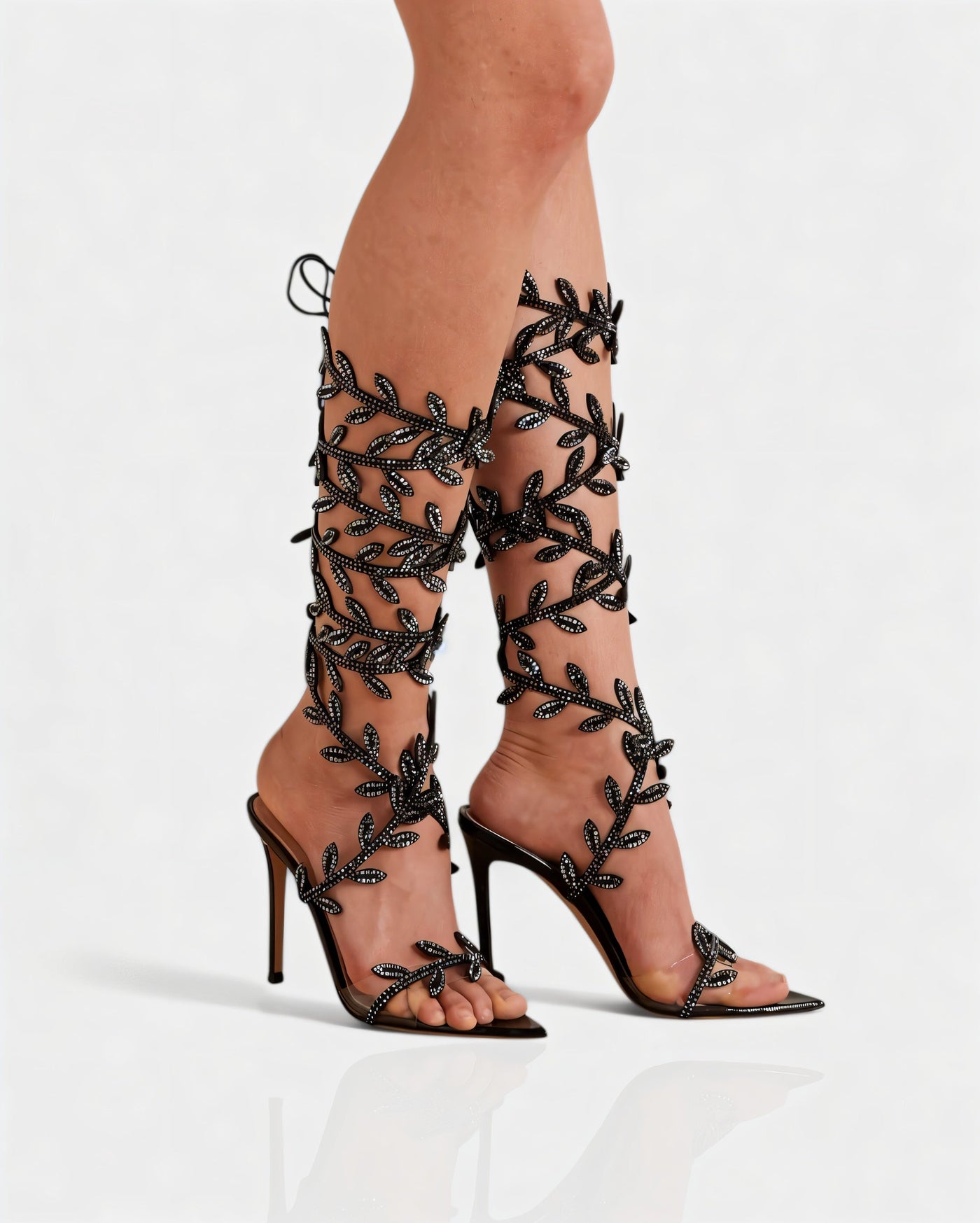 QUINA Leaf Embellished Lace-Up Stiletto Heels