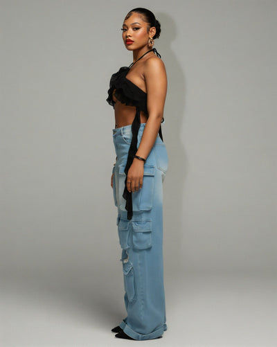 INGRID Denim Ripped Cargo Pants