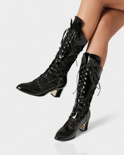 AROLA Lace-Up Embroidered Mid-Calf Boots