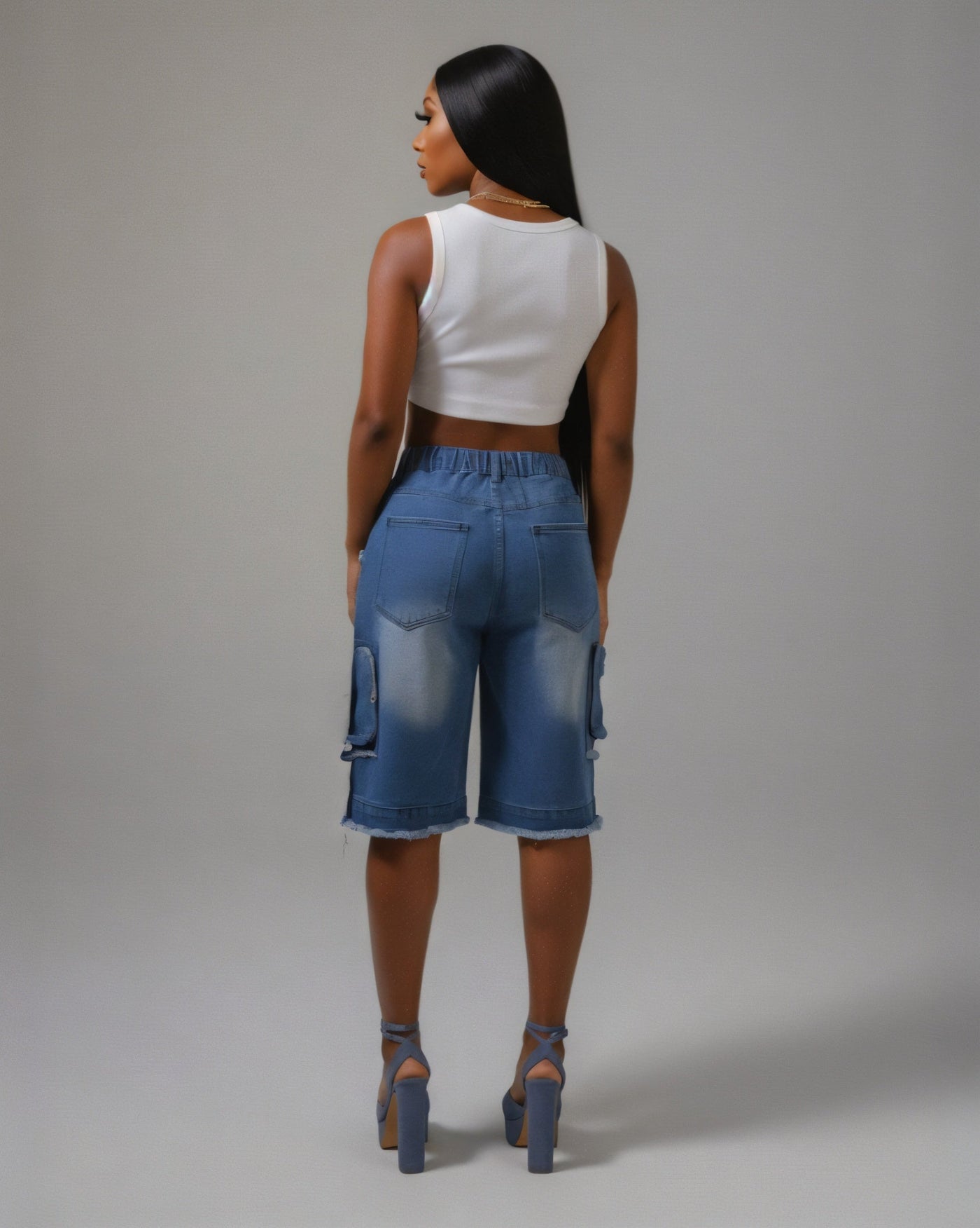 SALOME Distressed Cargo Denim Shorts