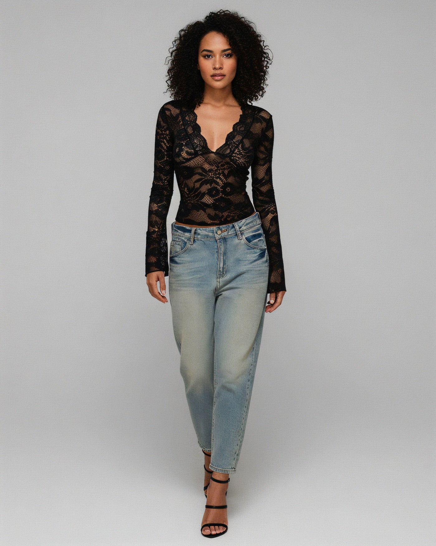 ANGIE Sheer Floral Lace Long-Sleeve Top