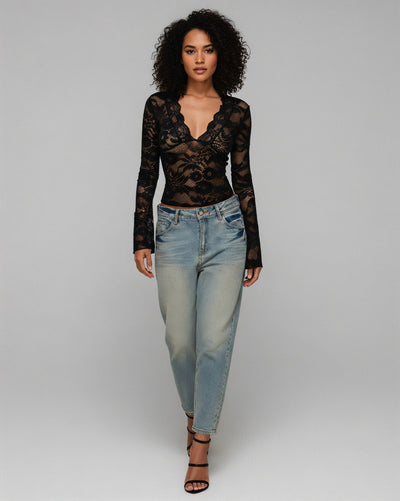 ANGIE Sheer Floral Lace Long-Sleeve Top