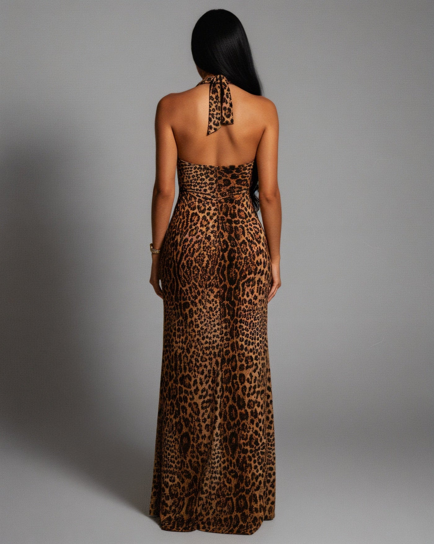 EMPRESS Leopard Print Halter Neck Slit Maxi Dress