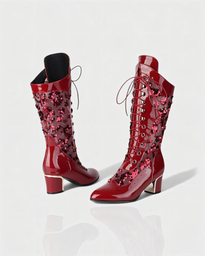 AROLA Lace-Up Embroidered Mid-Calf Boots