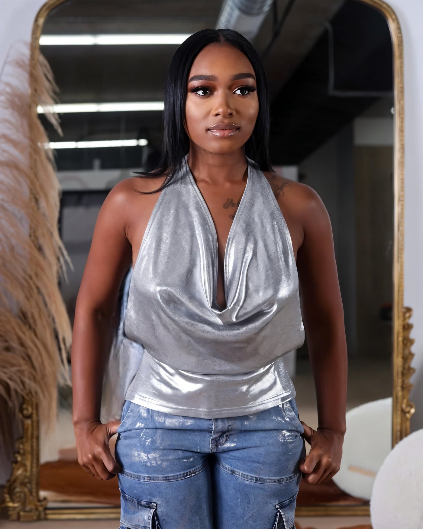 MAYAN Hooded Open-back Metallic Top