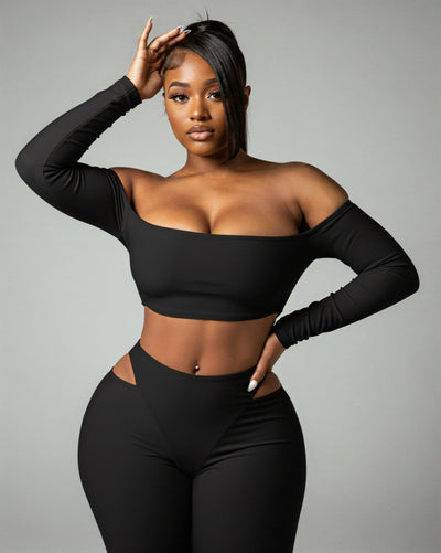 ELOWEN Off-shoulder Long Sleeve Top & Cutout Pants Set