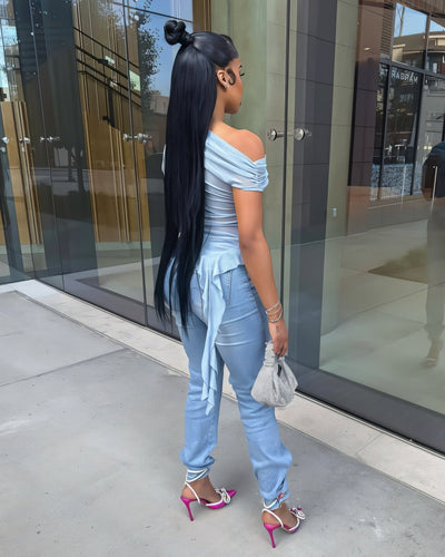 FIORELLA One-Shoulder Asymmetrical Ruffled Mesh Top