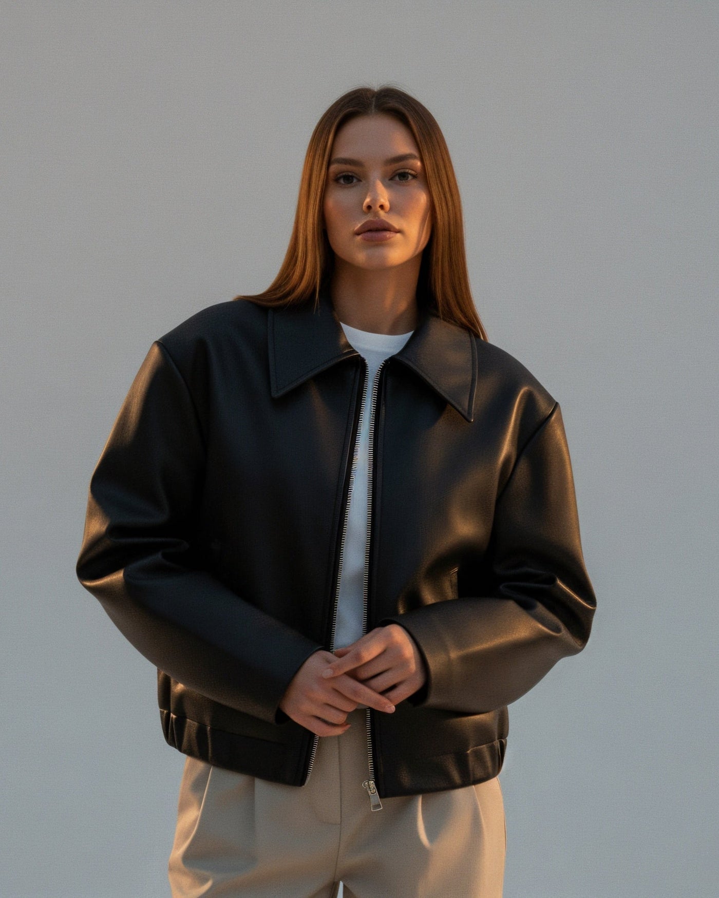 HANELLE Oversized Faux Leather Zip Jacket