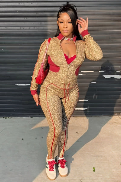 DERMA Leopard Print Zip-up Top & Leggings Set