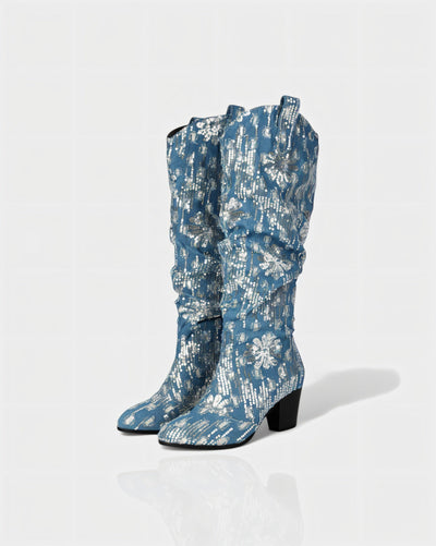 DIANNE Sequin Floral Denim Cowboy Boots