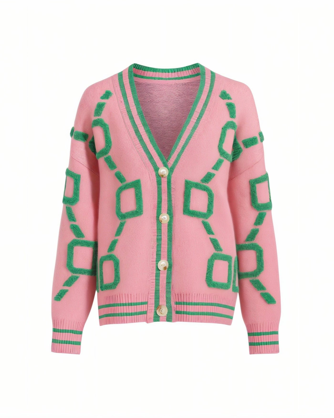 ALYA Geometric Jacquard Button-Up Knit Cardigan