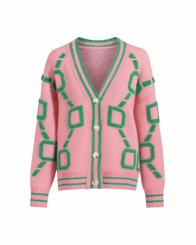 ALYA Geometric Jacquard Button-Up Knit Cardigan