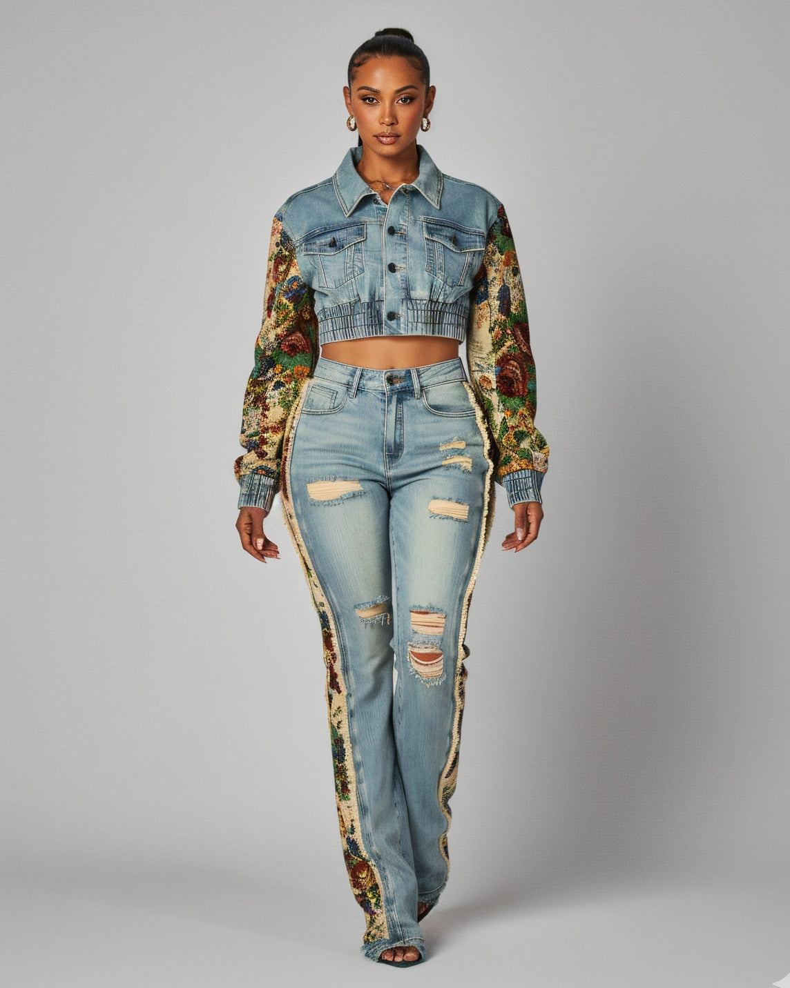 SHAY Denim Tapestry Cropped Jacket & Pant Set
