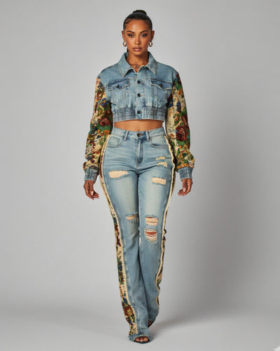 SHAY Denim Tapestry Cropped Jacket & Pant Set