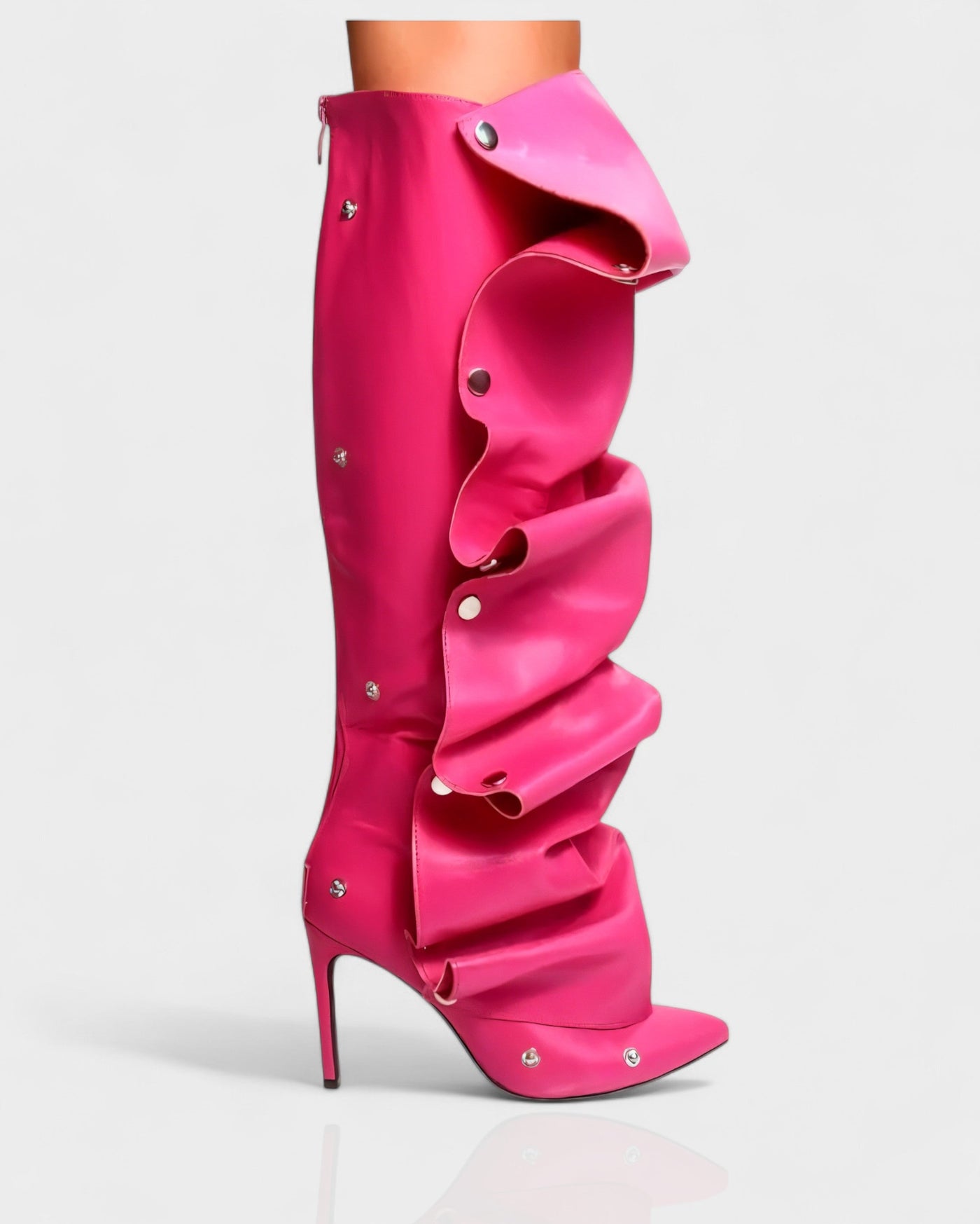 KIVARA Stiletto Heel Fold-Over Rivet Knee-High Boots