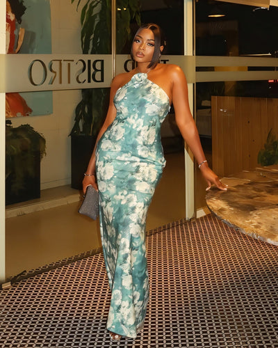 SHANE 3D Floral Applique Halter Maxi Dress