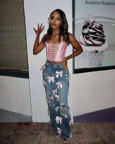 FIONA Ribbon Washed Ripped Denim Jeans