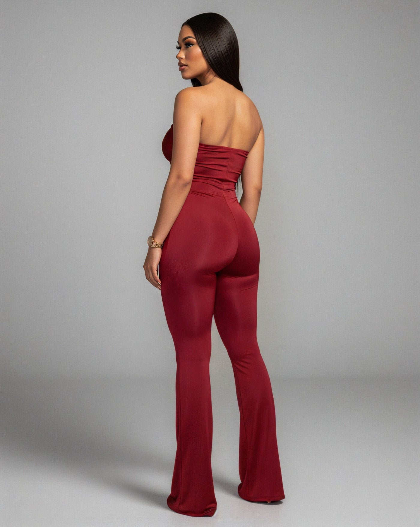 ZANIYA Strapless Twist-Front Flare Jumpsuit